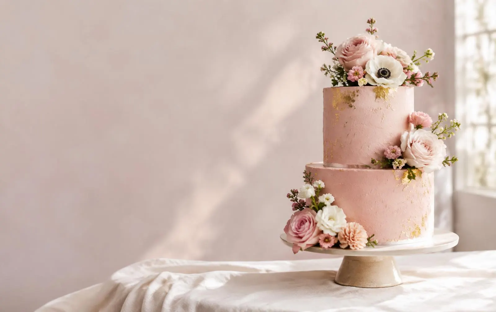 Torta personalizada de dos pisos rosa empolvado con flores y pan de oro – Pastelería Don Matías